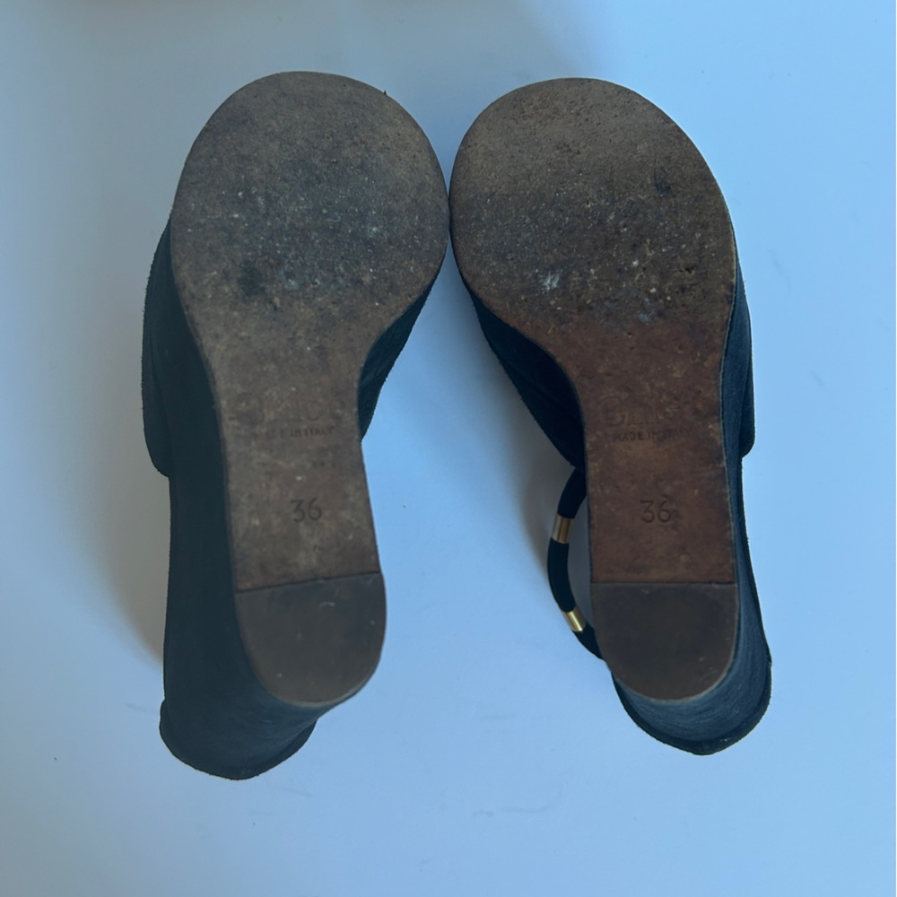 Chloe size 36 Black suede Wedge platforms w gold detail and snap - Picture 7 of 7
